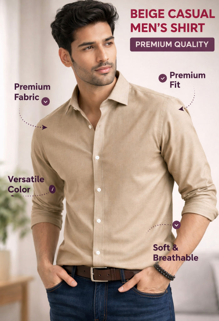 Menβs Premium Beige Casual Shirt | Soft & Breathable Fabric | Slim Fit Stylish Shirt | Urban Fit | Size 36β44