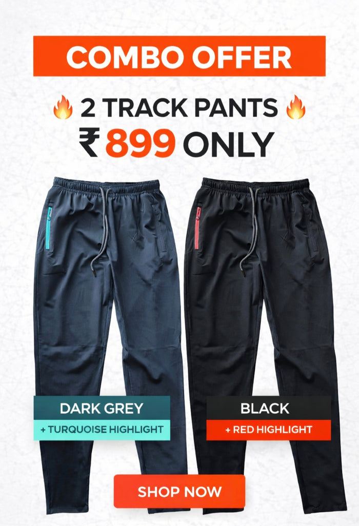 Menβs Combo Pack of 2 Premium 4-Way Lycra Track Pants | Gym & Casual Wear
