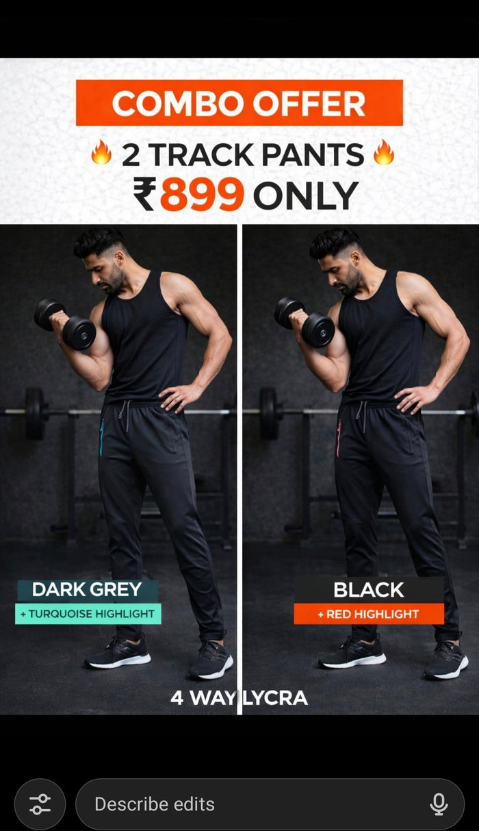Menβs Combo Pack of 2 Premium 4-Way Lycra Track Pants | Gym & Casual Wear