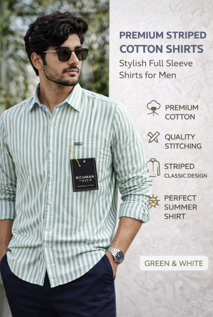 Premium Striped Cotton Shirt for Men | Full Sleeve Casual Shirt | Green & White Stylish Shirt