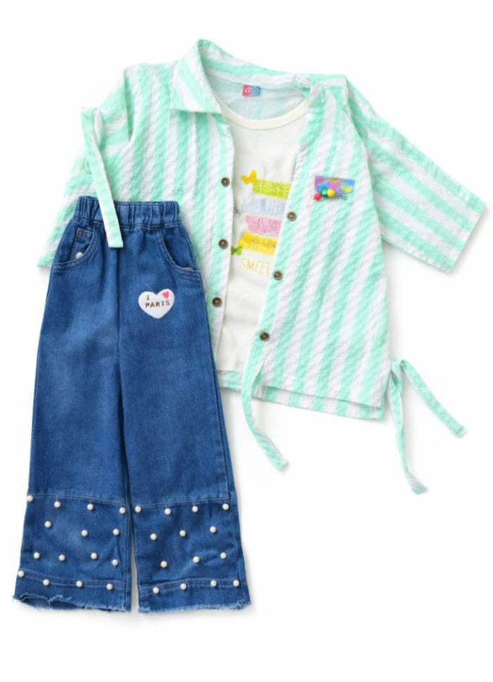 Kids Stylish Striped Jacket Set with Inner Tee (Size 32-34) | Premium Quality Cotton | Pink, Mint Green, Peach