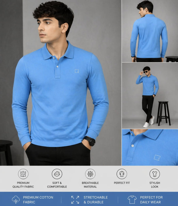 Premium Full Sleeve Polo T-Shirt for Men | Solid Cotton Polo | Stylish Casual Wear | Regular Fit