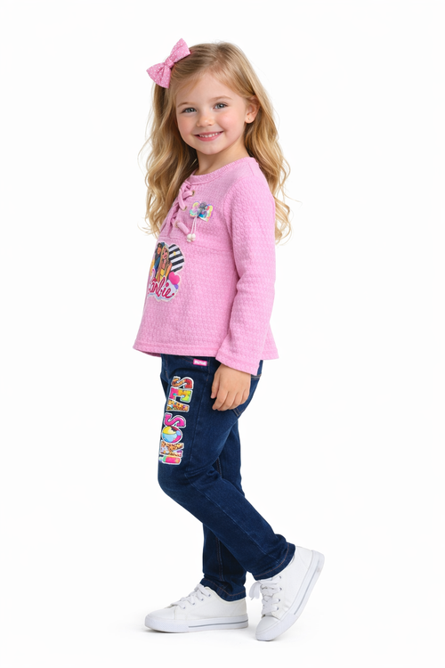 Girls Barbie Printed Pink Top with Denim Jeans Set | Stylish Kids Casual Outfit (2-Piece Set)