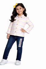 Girls Pastel Striped Collared Top with Denim Jeans Set | Stylish Kids Casual Outfit (2-Piece Set)