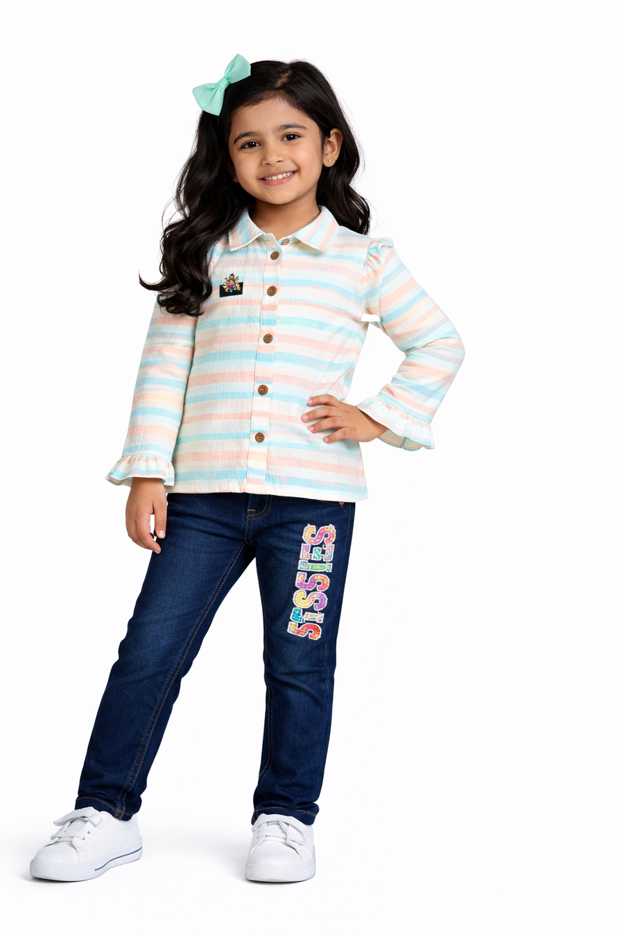 Girls Pastel Striped Collared Top with Denim Jeans Set | Stylish Kids Casual Outfit (2-Piece Set)