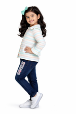 Girls Pastel Striped Collared Top with Denim Jeans Set | Stylish Kids Casual Outfit (2-Piece Set)