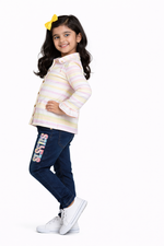 Girls Pastel Striped Collared Top with Denim Jeans Set | Stylish Kids Casual Outfit (2-Piece Set)