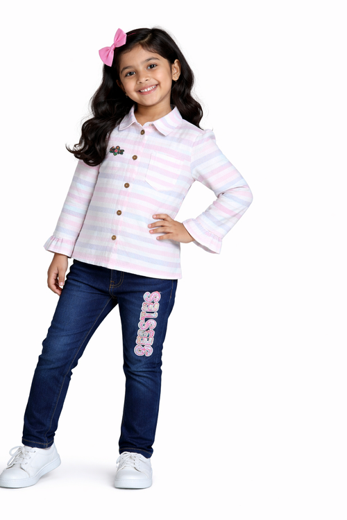 Girls Pastel Striped Collared Top with Denim Jeans Set | Stylish Kids Casual Outfit (2-Piece Set)