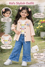 Kids Stylish Striped Jacket Set with Inner Tee (Size 32-34) | Premium Quality Cotton | Pink, Mint Green, Peach