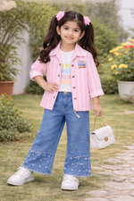 Kids Stylish Striped Jacket Set with Inner Tee (Size 32-34) | Premium Quality Cotton | Pink, Mint Green, Peach