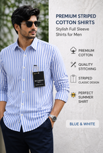 Premium Striped Cotton Shirt for Men | Full Sleeve Casual Shirt | Green & White Stylish Shirt