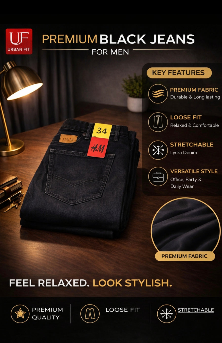 Men’s Premium Lycra Denim Jeans | Loose Fit Stretchable Casual Jeans for Men (Black & Blue) Size 34-36