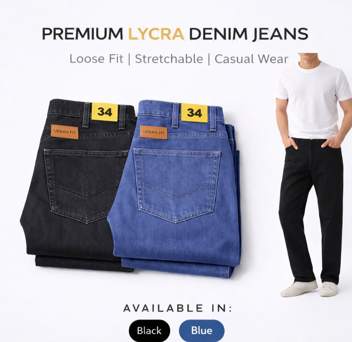 Men’s Premium Lycra Denim Jeans Combo Pack of 2 | Loose Fit Stretchable Casual Jeans for Men (Black & Blue) Size 34-36