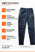 Men’s Premium 4-Way Lycra Track Pants | Black with Red Zip | Gym & Casual Wear
