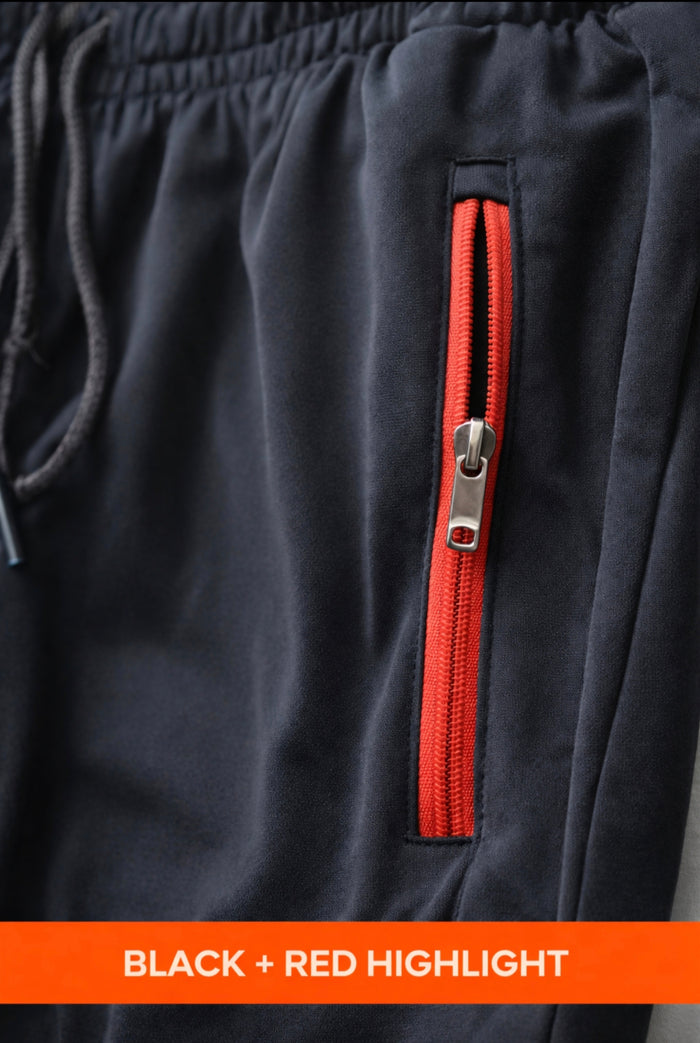 Men’s Premium 4-Way Lycra Track Pants | Black with Red Zip | Gym & Casual Wear