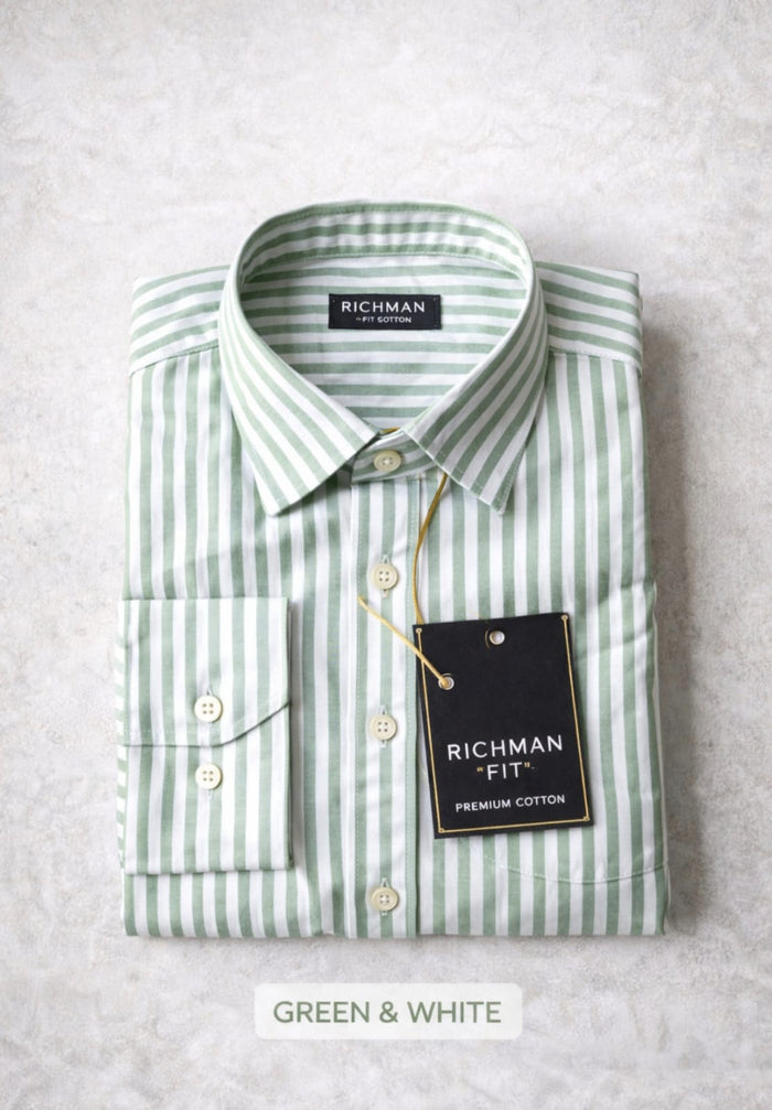 Premium Striped Cotton Shirt for Men | Full Sleeve Casual Shirt | Green & White Stylish Shirt