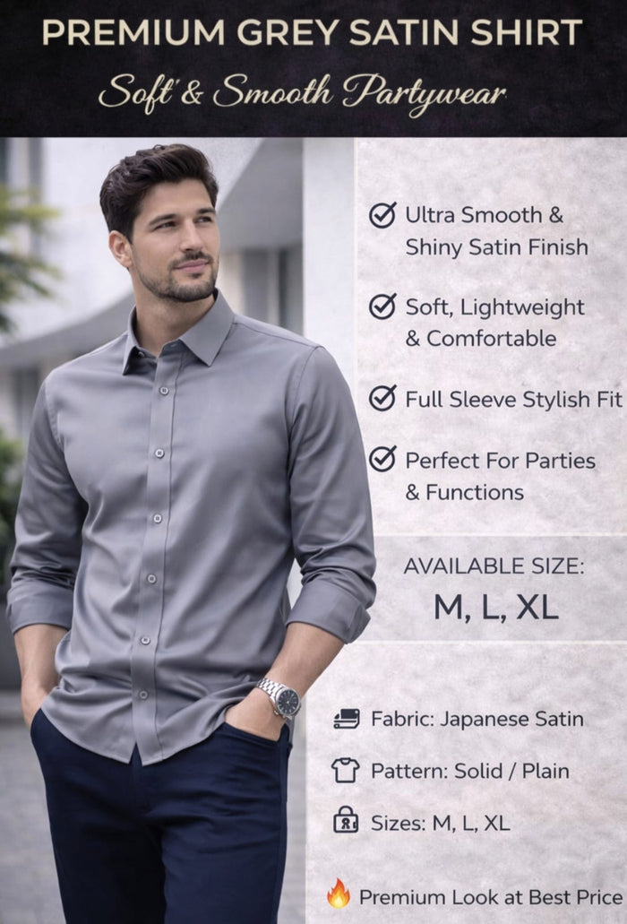 Men Premium Grey Satin Shirt | Japanese Satin Fabric | Partywear Stylish Shirt for Men | Full Sleeve Regular Fit