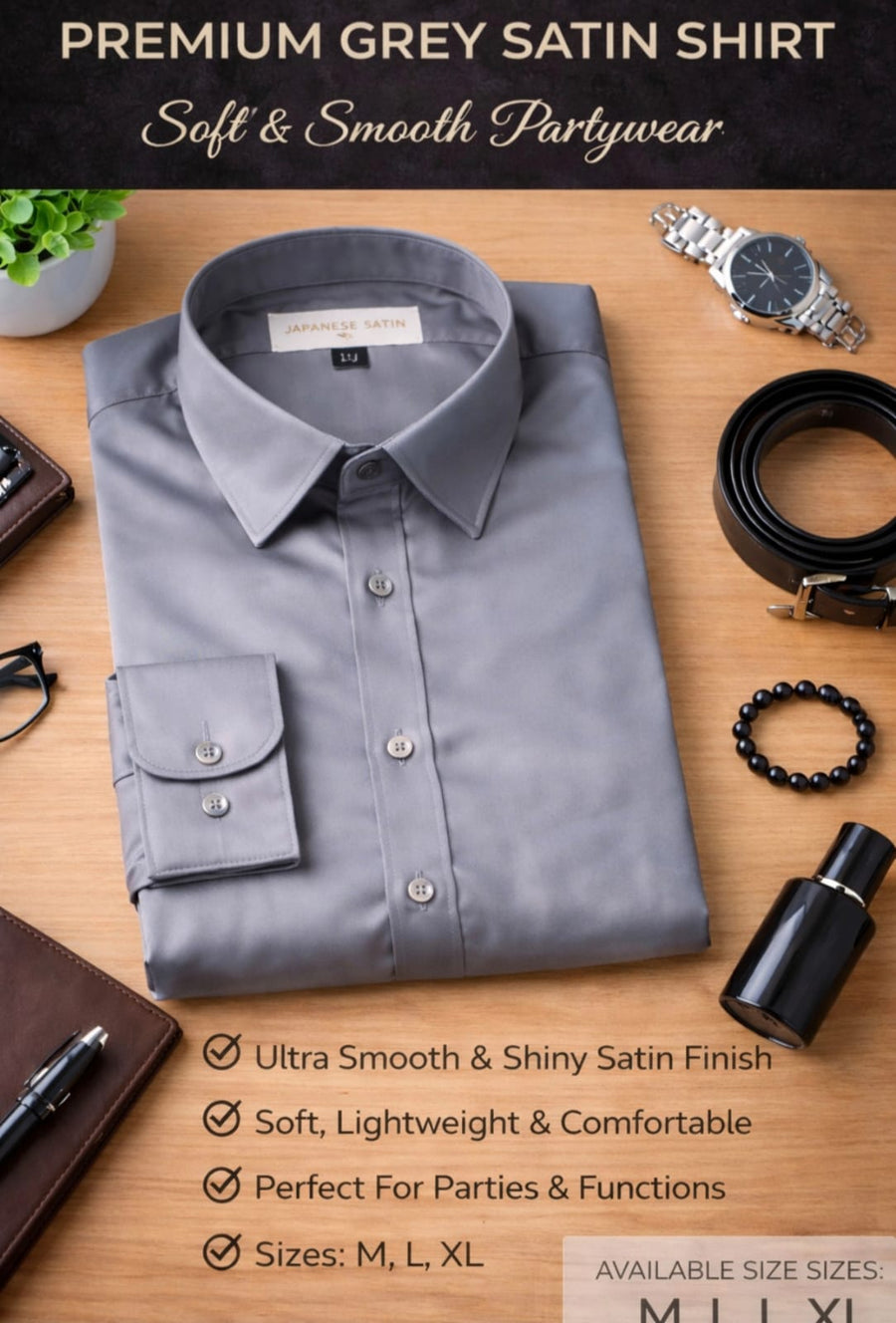 Men Premium Grey Satin Shirt | Japanese Satin Fabric | Partywear Stylish Shirt for Men | Full Sleeve Regular Fit