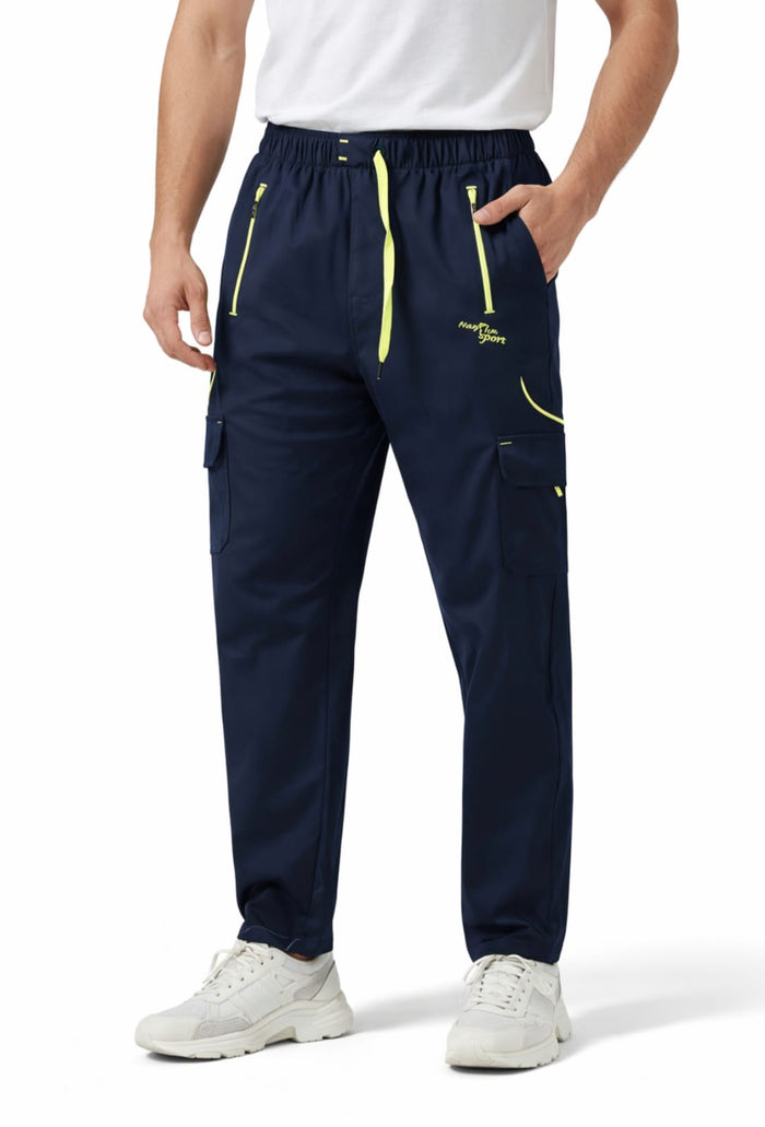 Men Navy Blue Cargo Track Pants | 4 Way Lycra Stretch | Gym & Casual Wear | Multiple Pocket Lower