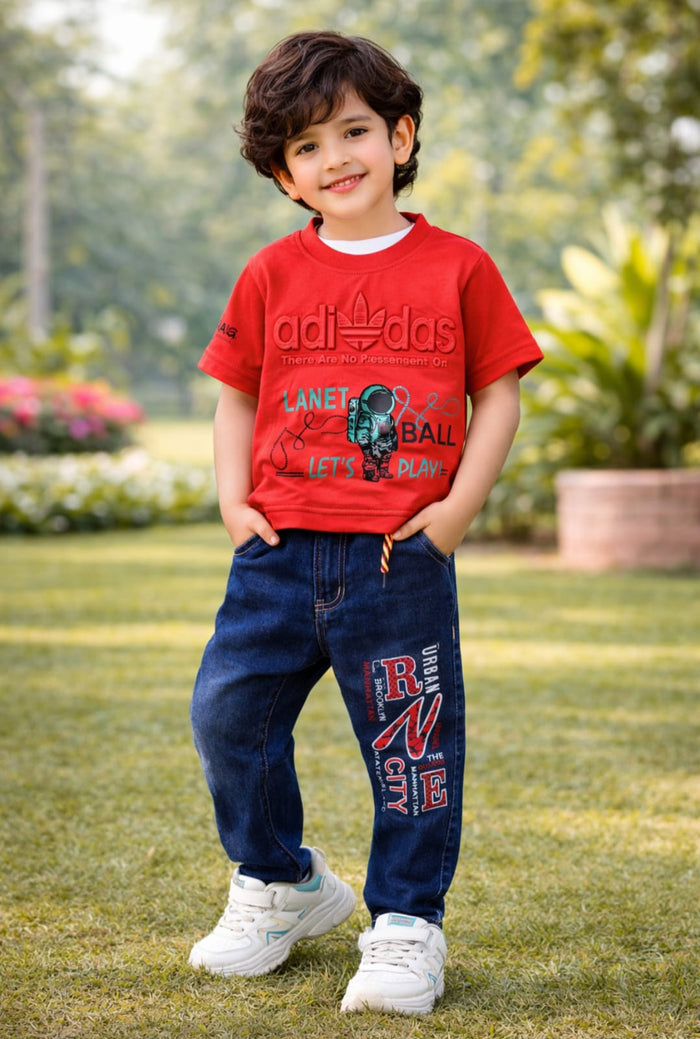 Kids Stylish Printed T-Shirt | Soft Cotton Boys Casual Wear | Trendy Summer T-Shirt (Black, Red, Sky Blue)