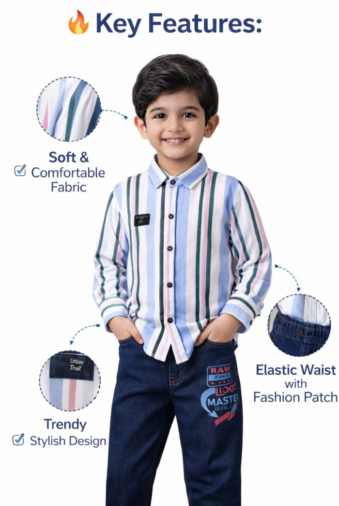 Kids Stylish Striped Shirt & Denim Pant Set | Boys Combo Outfit (Size 20–40)