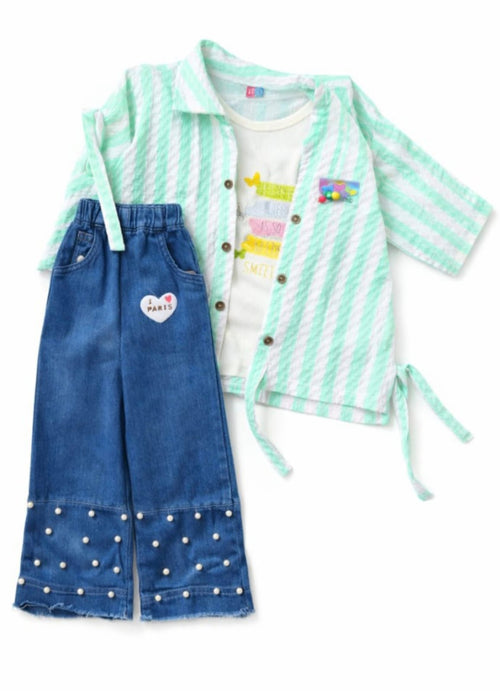 Kids Stylish Striped Jacket Set with Inner Tee (Size 32-34) | Premium Quality Cotton | Pink, Mint Green, Peach