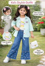 Kids Stylish Striped Jacket Set with Inner Tee (Size 32-34) | Premium Quality Cotton | Pink, Mint Green, Peach