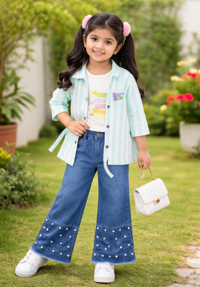 Kids Stylish Striped Jacket Set with Inner Tee (Size 32-34) | Premium Quality Cotton | Pink, Mint Green, Peach