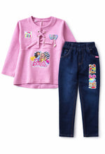 Girls Barbie Printed Pink Top with Denim Jeans Set | Stylish Kids Casual Outfit (2-Piece Set)
