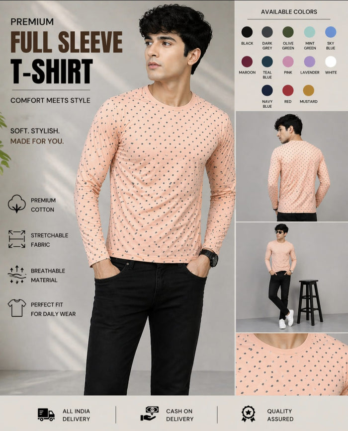 Premium Full Sleeve Printed T-Shirt for Men | Soft Cotton Casual Wear | Stylish Daily Wear